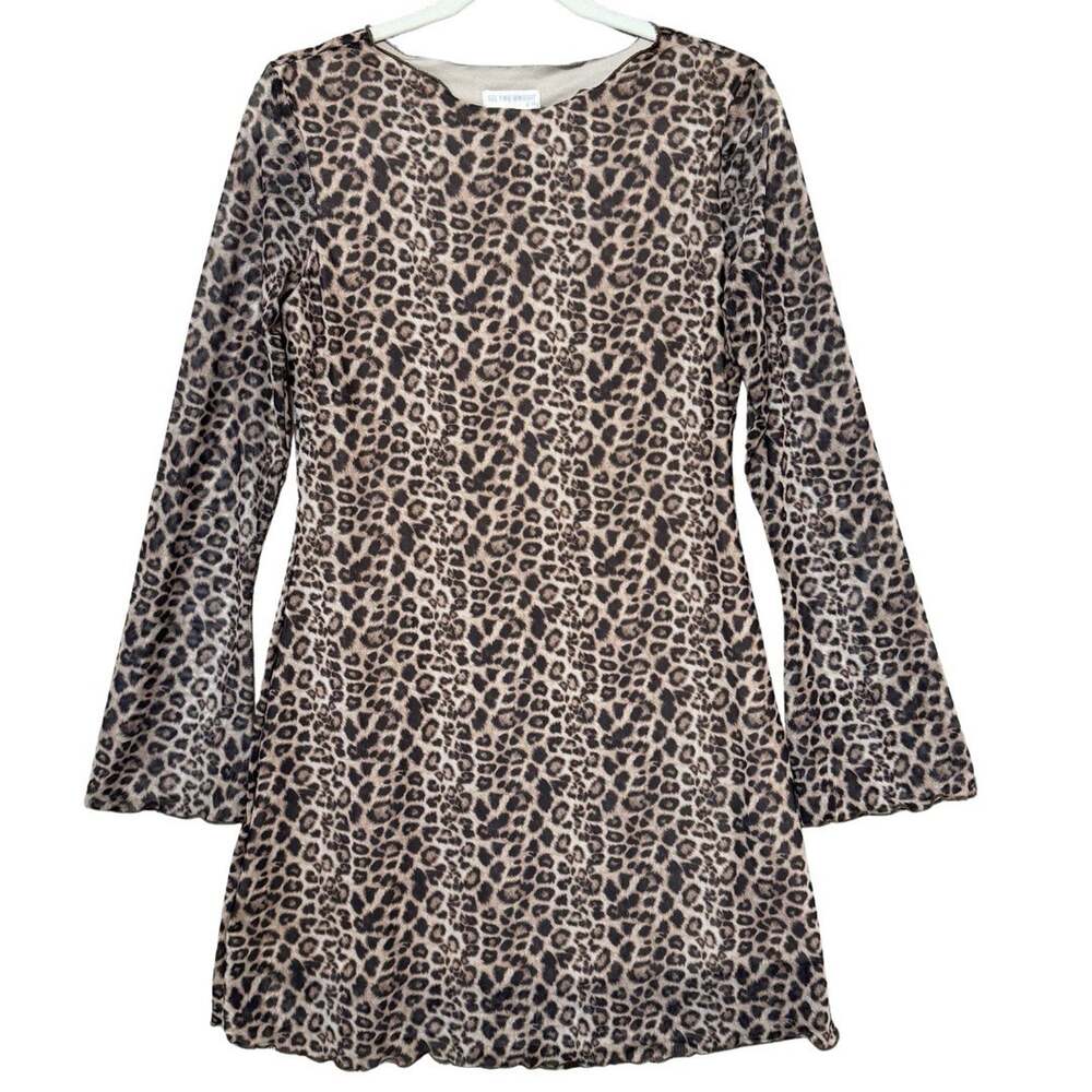 See You Monday Mesh Long Sleeve Mini Dress Size XL Brown Leopard Animal NWT